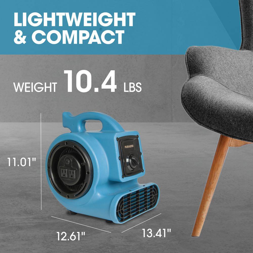 1/5 HP Air Mover Carpet Dryer Blower Floor Fan with 800 CFM, GFCI Daisy Chain, Blue - Hercitys