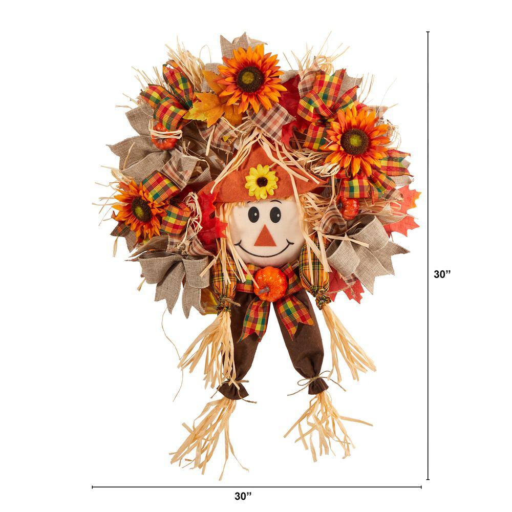 30 in. Orange Scarecrow Fall Artificial Autumn Wreath with Sunflower, Pumpkin and Decorative Bows - Hercitys