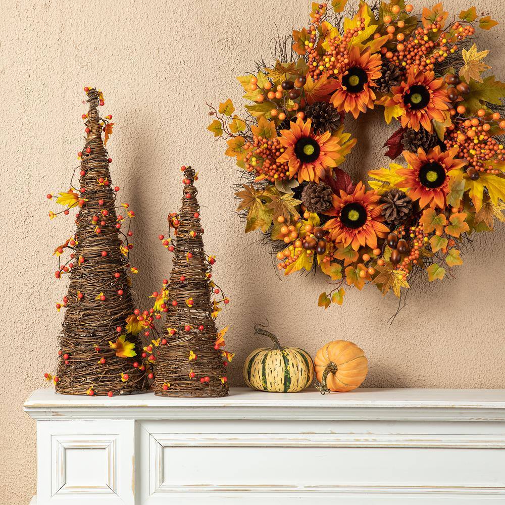 24 in. H Fall Rattan Berries and Maple Leaves Table Tree ( Set of 2) - Hercitys