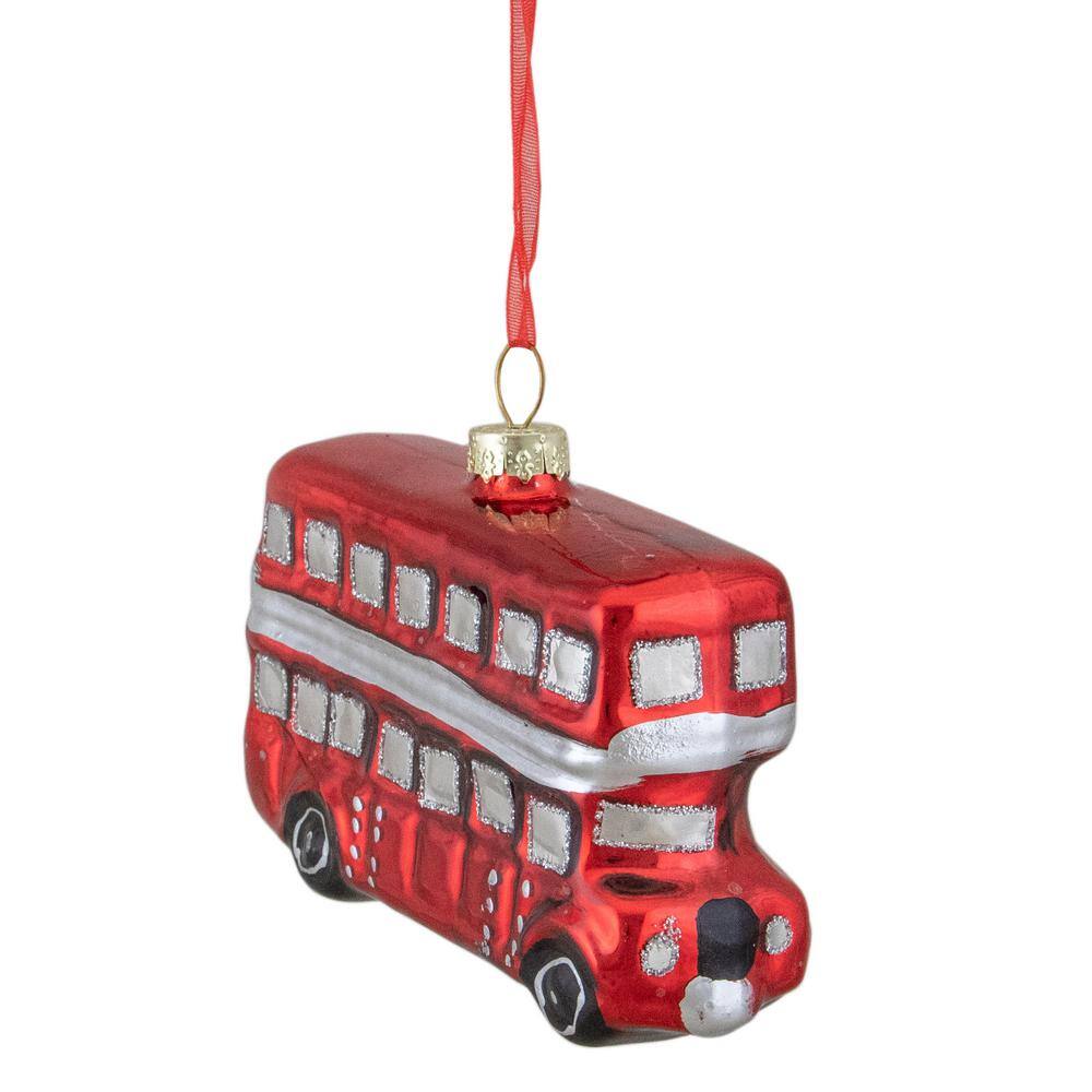 3.75 in. Red and Silver Double Decker Bus Glass Christmas Ornament - Hercitys