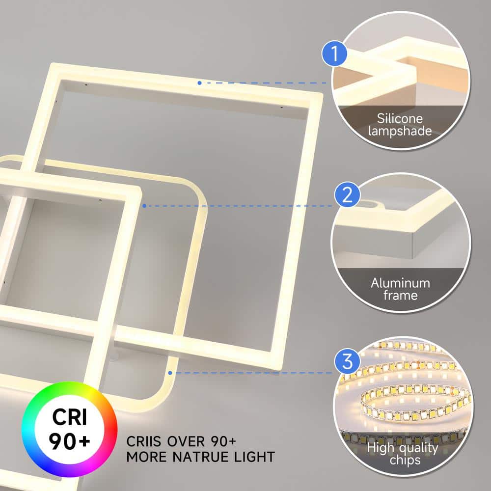 25 in. Modern White Integrated LED Square Dimmable Aluminum Frame Semi-Flush Mount Ceiling Light with Remote Control - Hercitys