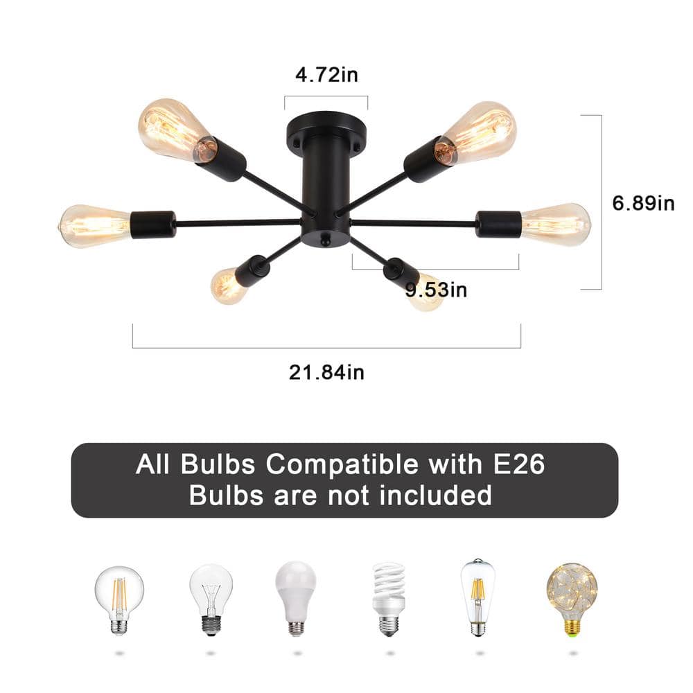 21.84 in. 6-Light Black Sputnik Transitional Flush Mount Ceiling Lights - Hercitys