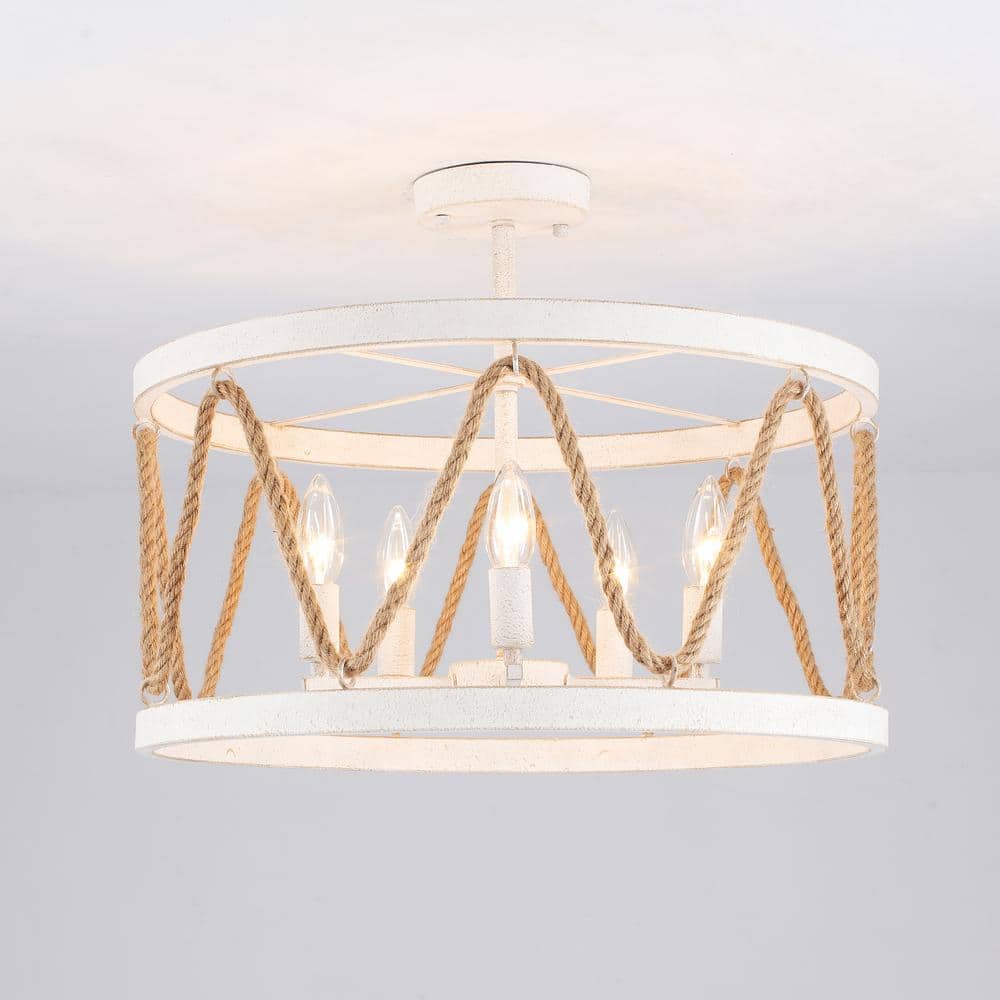 19.68 in. 5-Light White Drum Metal Hemp Rope Semi-Flush Mount Light，No Bulbs Included - Hercitys