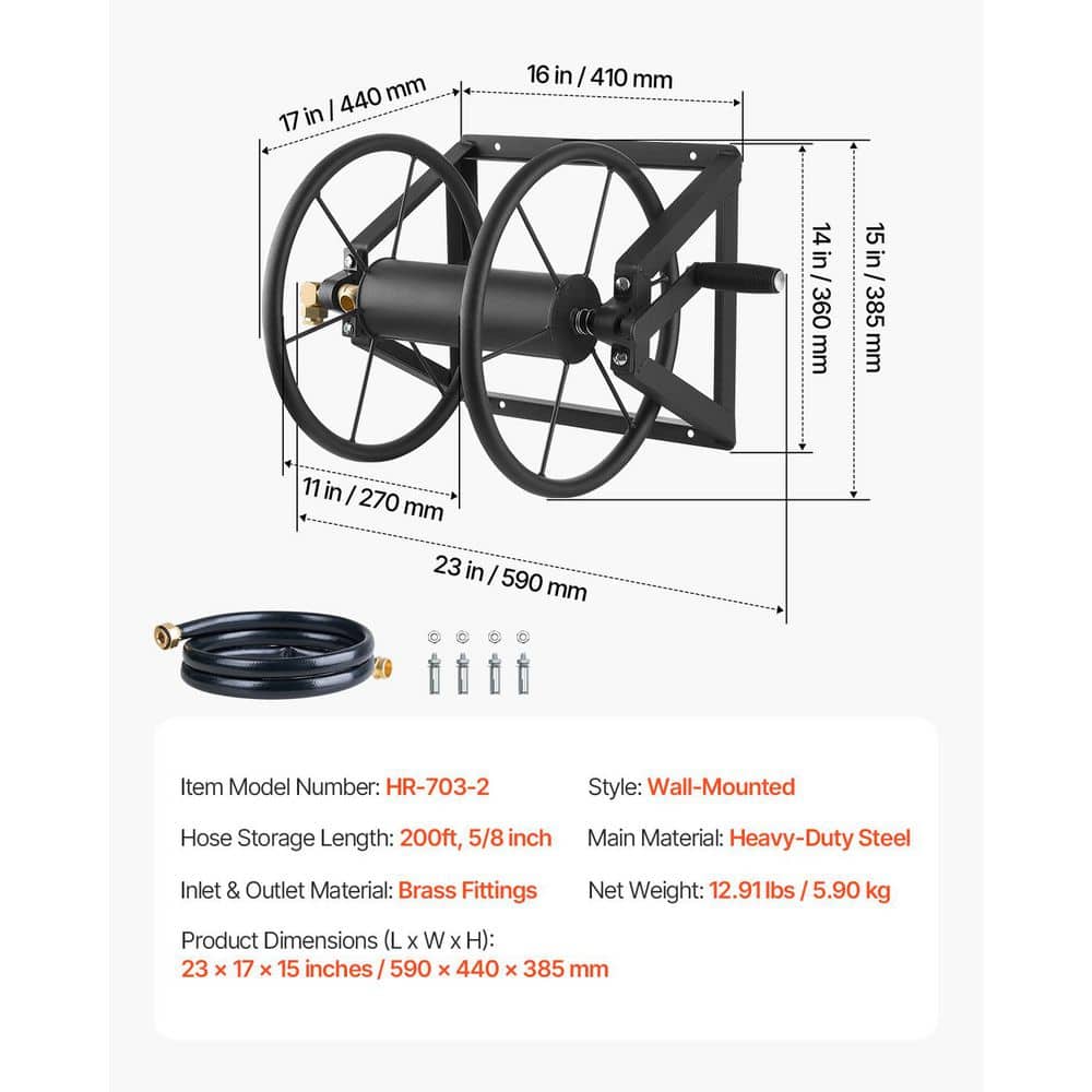 5/8 in. Dia x 200 ft. Duty Rating in Heavy-Duty Wall Mounted Garden Hose Reel (1-Pack) Steel Manual Winder - Hercitys