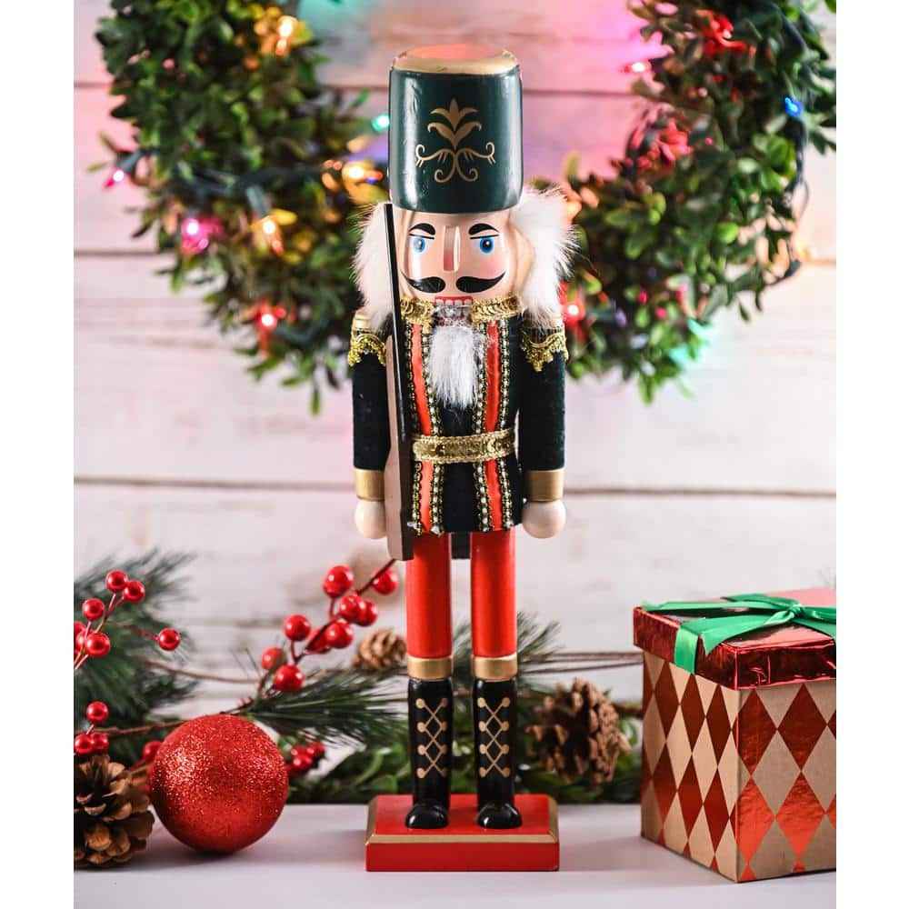 15 in. Wooden Christmas Toy Soldier Nutcracker-Red and Black Nutcracker Soldier with a Rifle Gun, Holiday Nutcracker - Hercitys