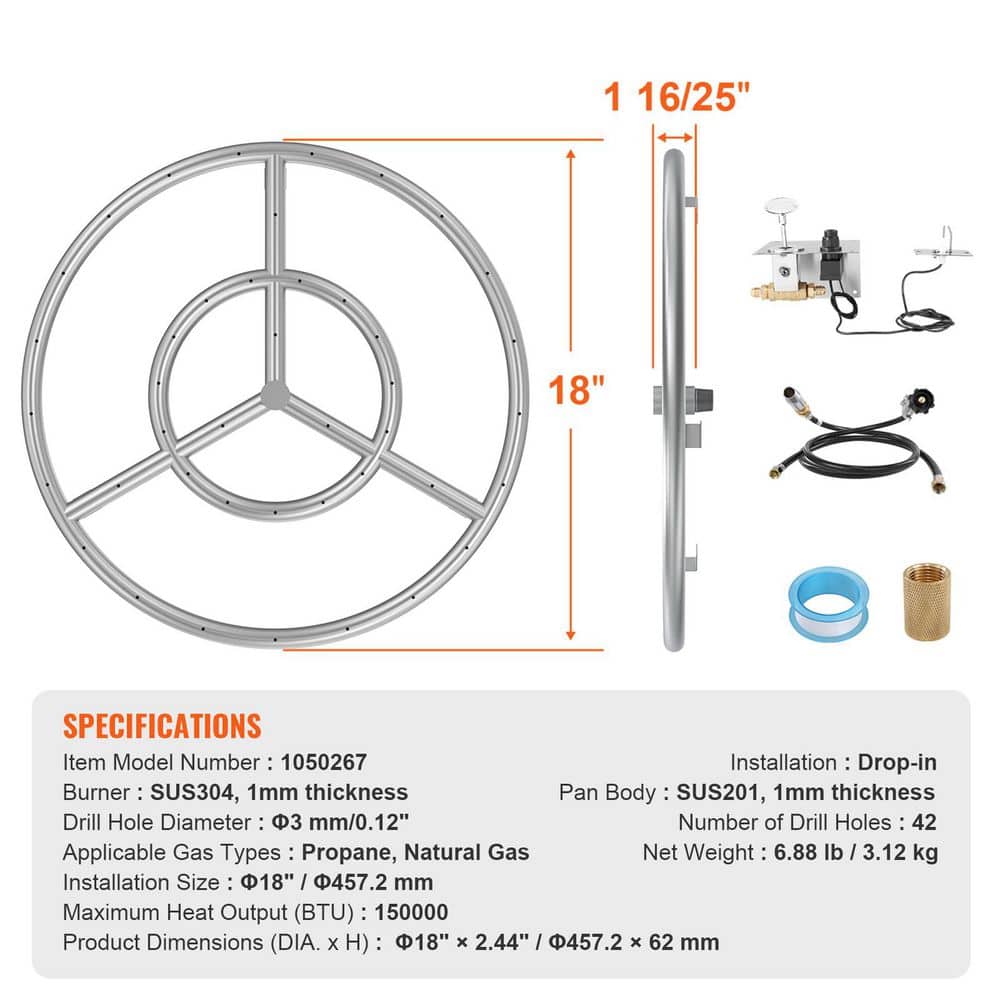 18 in. Round Drop-in Fire Pit Pan, Stainless Steel Fire Pit Burner Kit, Natural and Propane Gas Fire Pan with 150000 BTU - Hercitys