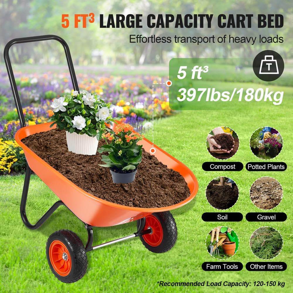 5 cu. ft. Plastic Garden Cart, Load 397 lbs. Capacity, 2-Wheeled Garden Dump Cart with 10 in. Wide Track Wheels - Hercitys