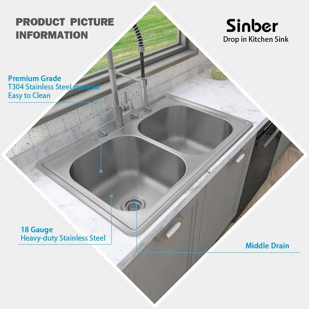 304 Stainless Steel 18 Gauge 33 in. Double Bowl Drop-In Kitchen Sink - Hercitys