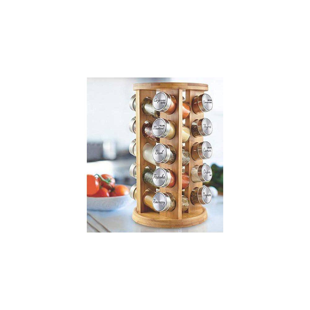 5 Shelf Bamboo Spice Rack with Rotating Tower Organizer for Kitchen Spices and Seasonings + 20 Spice Jar - Hercitys