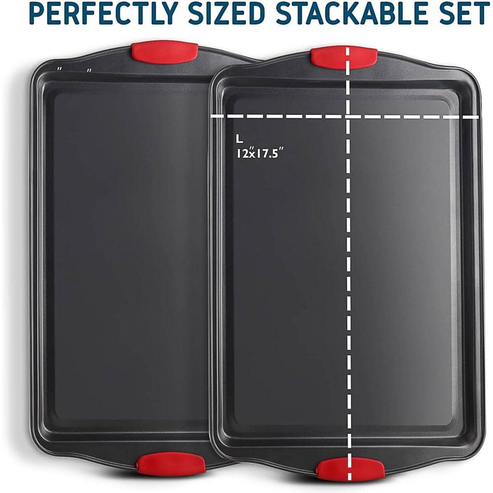 2-Piece Black Steel Nonstick Large Baking Cookie Sheet Set w/Silicone Handles - Hercitys