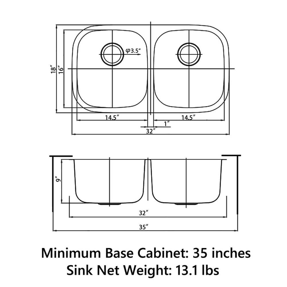 32 in. Undermount Double Bowl 18 Gauge 304 Stainless Steel Kitchen Sink - Hercitys