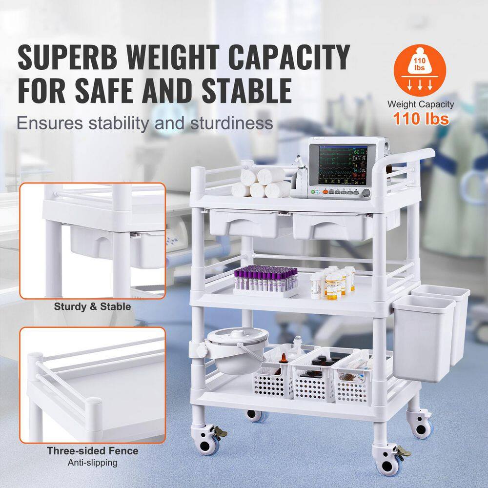 3 Tiers Lab Carts, White, Plastic, Kitchen Cart, with PP Material, Lab Utility Cart with 3 Trays & 4 Silent Wheels - Hercitys