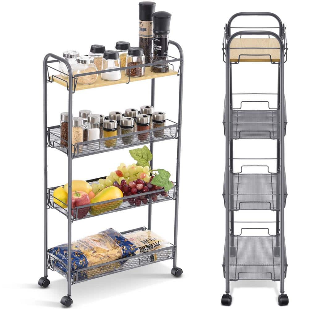 4-Tier Slim Rolling Cart with Wooden Tabletop, Easy Assemble Mobile Storage Cart with Wheels, Slide Out Utility Cart - Hercitys