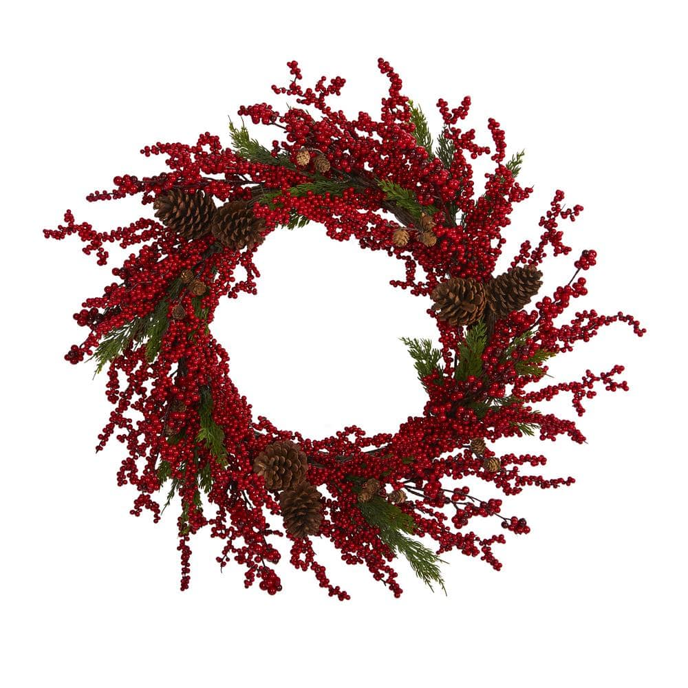 34 in. Cypress Artificial Wreath with Berries and Pine Cones - Hercitys