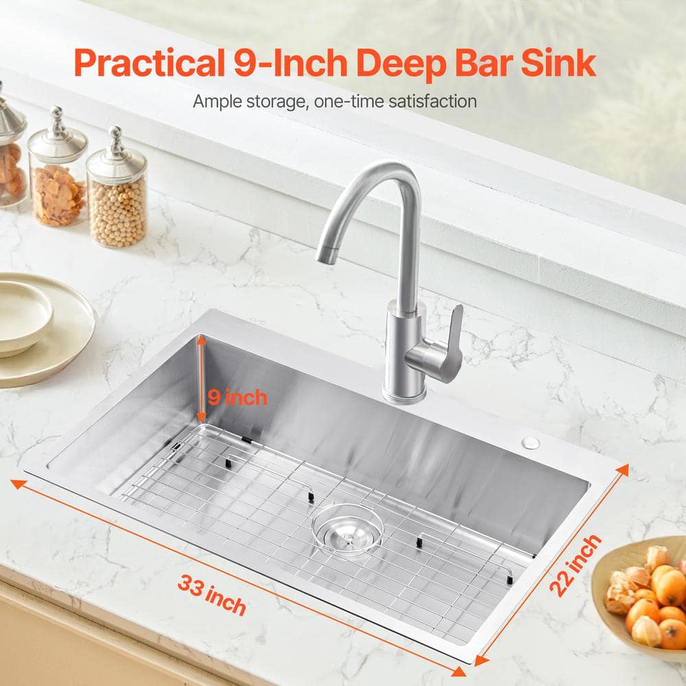 33 in. Kitchen Sink Workstation, 304 Stainless Steel Top Mount Sinks, Drop-In Single Bowl Farmhouse Basin - Hercitys
