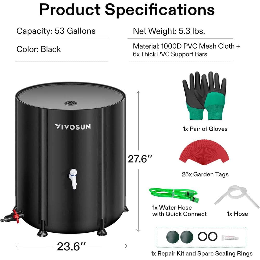 53 Gal. Collapsible Rain Barrel with 2 Spigots and Overflow Kit in Black - Hercitys
