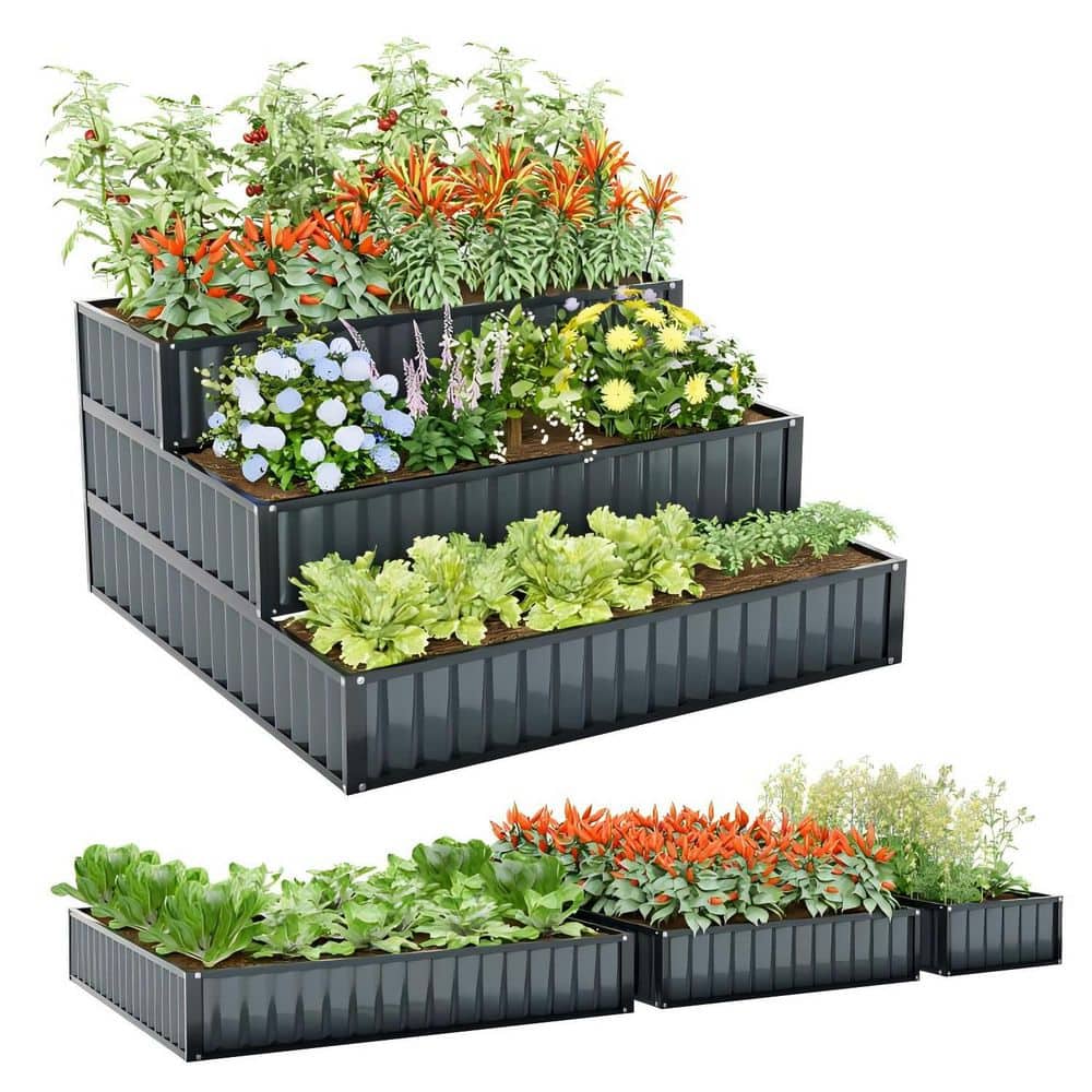 47 in. Open-Base Rust-Resistant Metal Garden Raised Bed Planter Box for Vegetables Flowers, Black - Hercitys