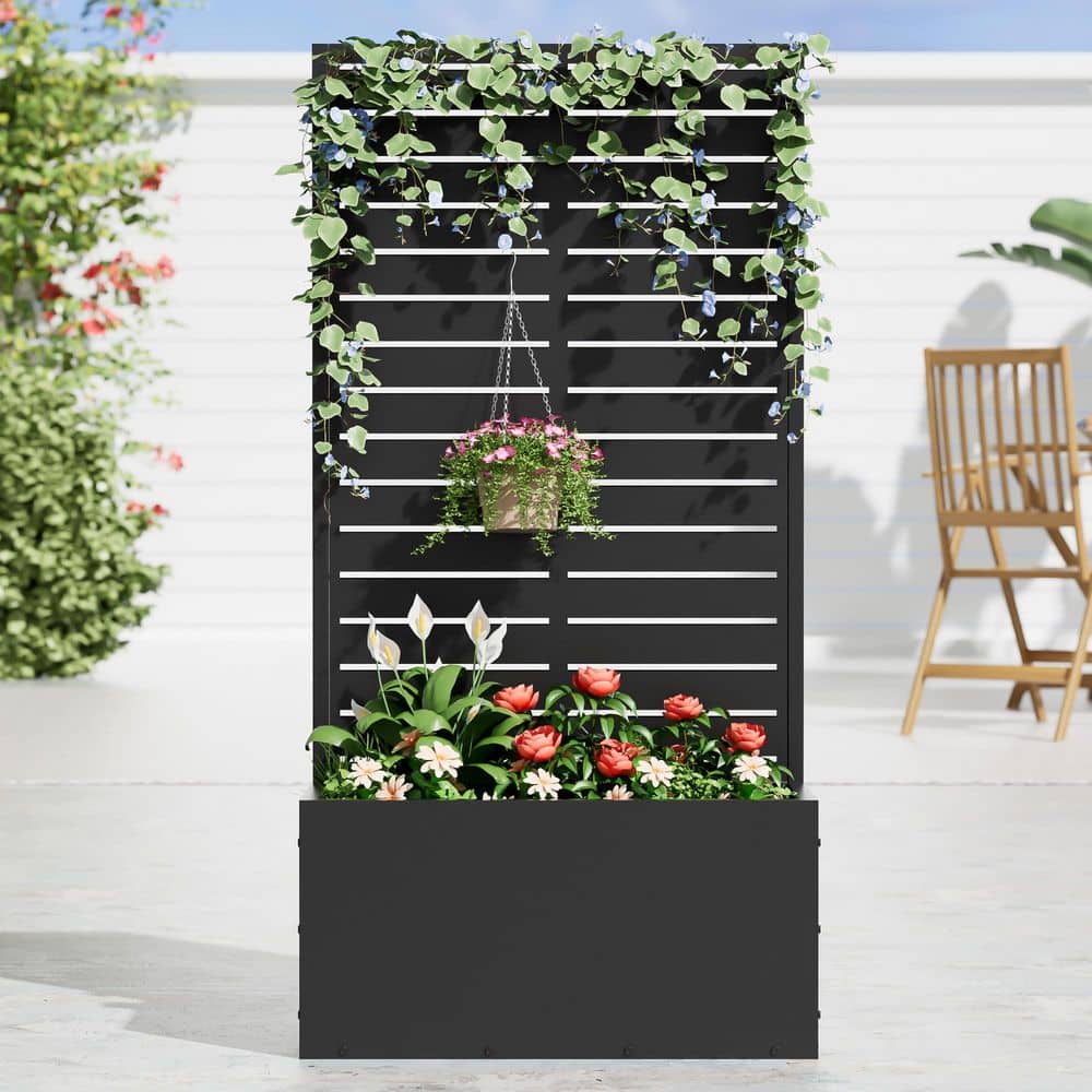 47 in. x 11 in. x 24 in. Black Metal Iron Raised Beds Planter Box with Attached Trellis for Climbing Vegetation - Hercitys