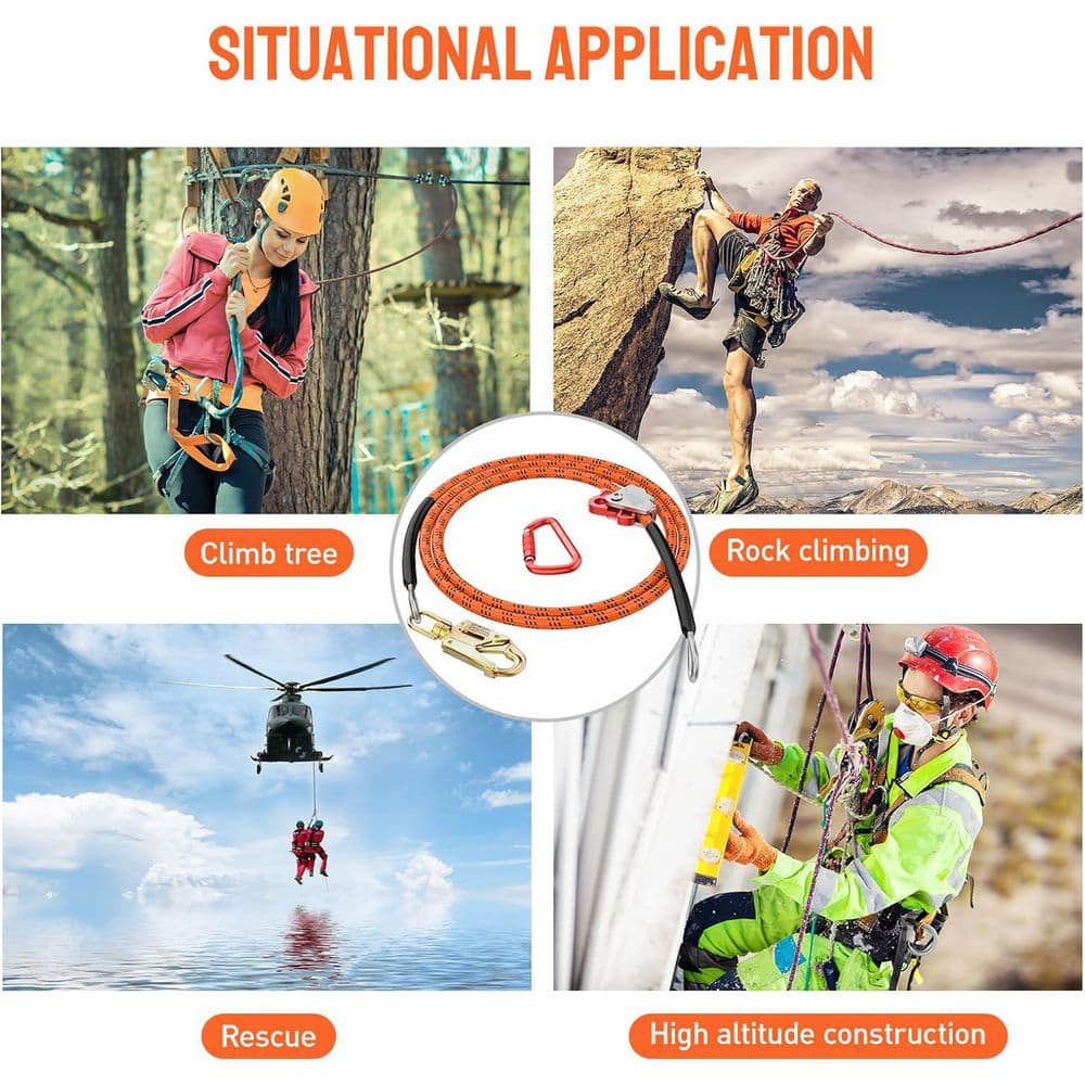 10 ft. Retractable Climbing Lifeline Tree Climbing Rope with Steel Swivel Snap Hook Triple Lock Carabiner Adjuster - Hercitys