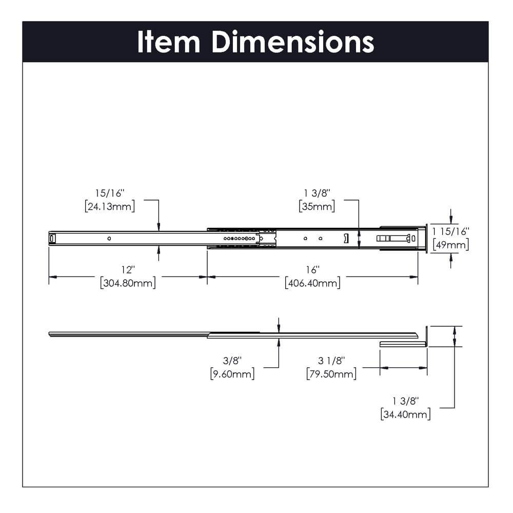 16 in. Center Mount Drawer Slide (1-Pack) - Hercitys