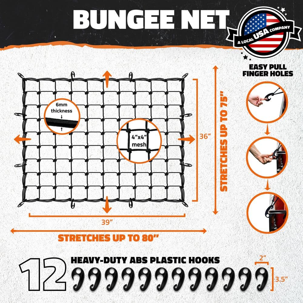 36 in. x 39 in. Heavy-Duty Bungee Cargo Net – Stretches to 80 in. x 75 in. - Hercitys