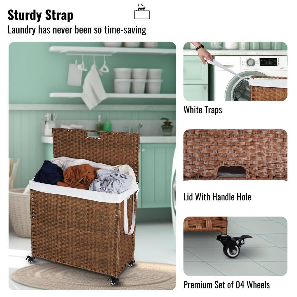 42.26 Gal. Brown Rattan Deck Box Laundry Hamper with Lid and 2 Removable Bags - Hercitys