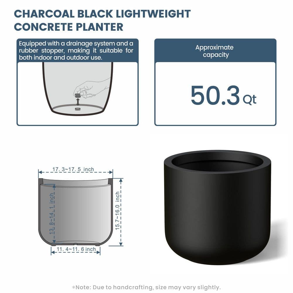 17.5 in. Large Charcoal Black Concrete Round Planter / Pot with Drainage Holes - Hercitys