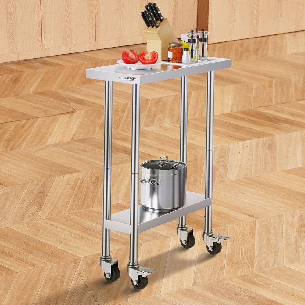 30 x 12 x 38 in. Stainless Steel Commercial Kitchen Prep Table with 4 Wheels 3 Adjustable Height Levels Silver - Hercitys