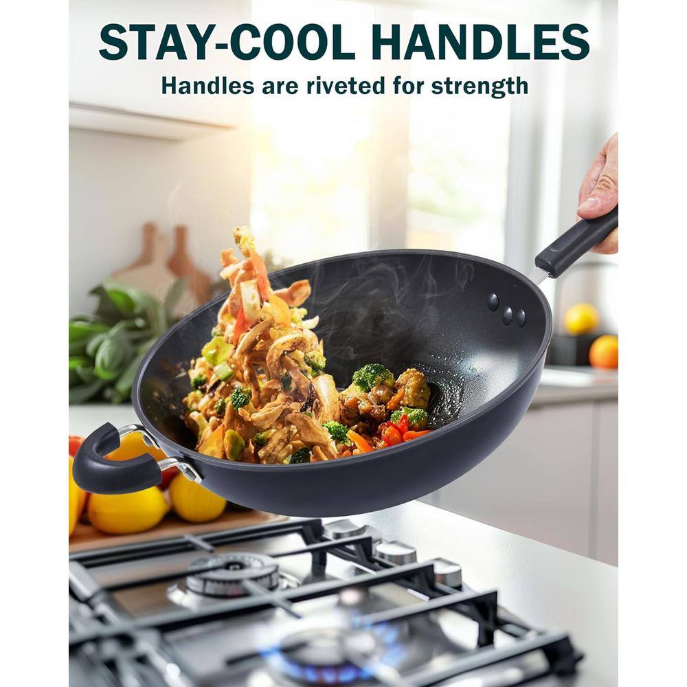 12 in. Hard Anodized Aluminum Nonstick Wok Pan with Lid, Induction Compatible - Hercitys