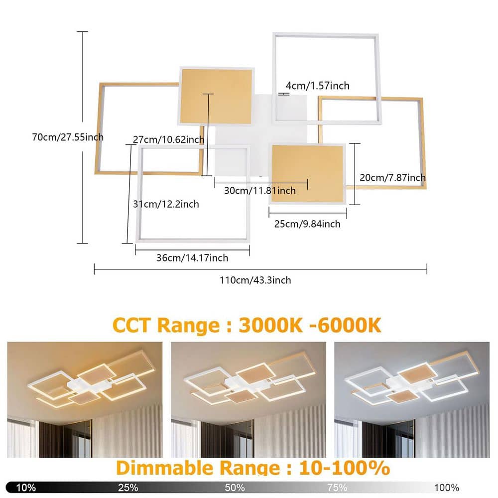 43.3 in. 6-Light Gold and White Modern Rectangular Selectable LED Semi-Flush Mount Ceiling Light with Remote - Hercitys