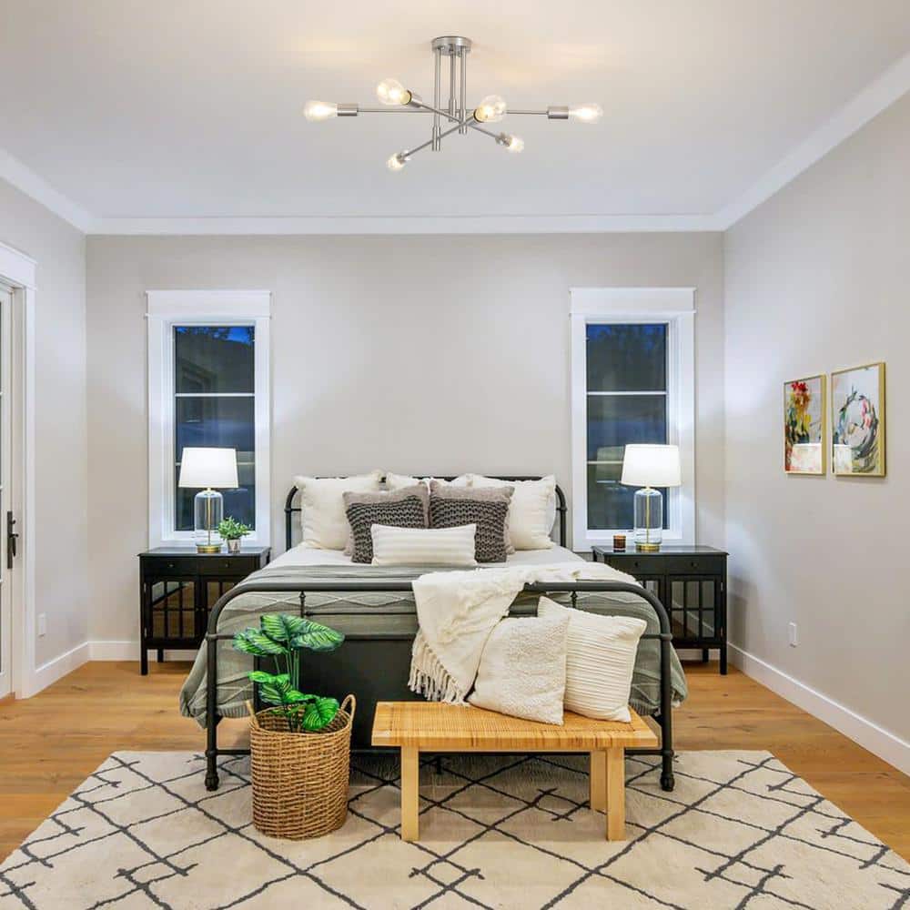 27.56 in. 6-Light Nickel Sputnik Semi- Flush Mount Ceiling Lights with 360°Rotatable Light Arm - Hercitys