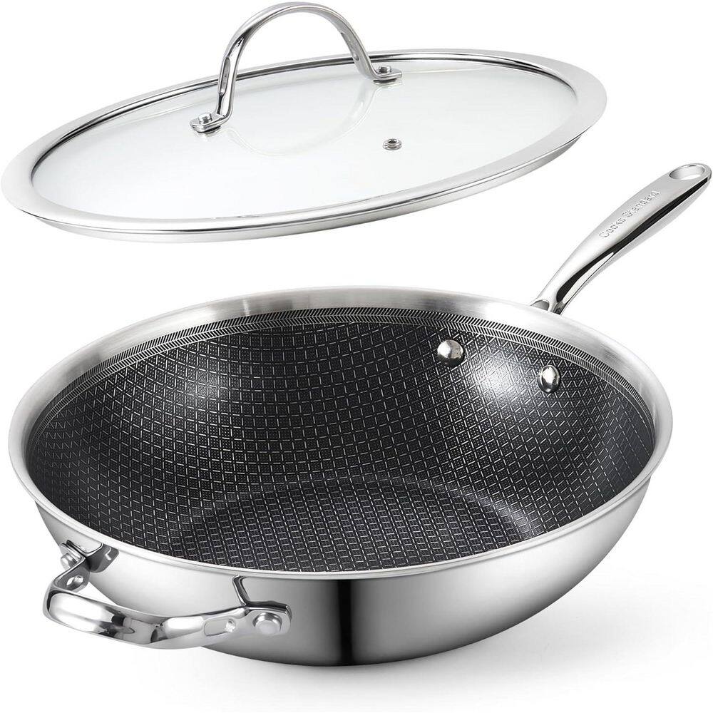 12 in. Multiply Clad Stainless Steel Hybrid Nonstick Flat Bottom Wok with Glass Lid, Compatible with All Stovetops - Hercitys