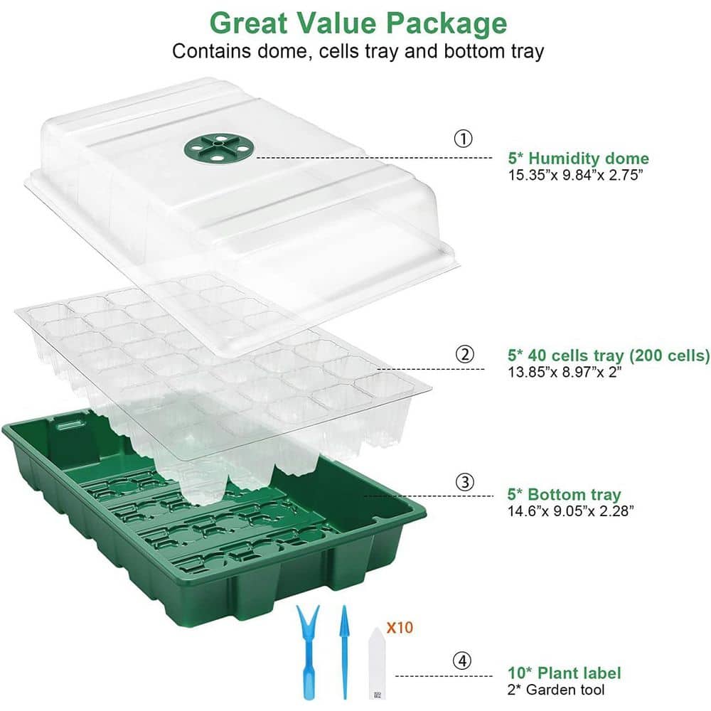 5-Pack Mini Seedling Starter Tray Kit with Humidity Vented Domes and Base, Transparent Plastic, 200 Cells Total - Hercitys