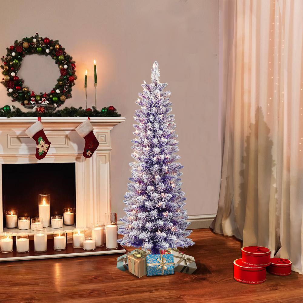 4.5 ft. Purple Prelit Flocked Fashion Pencil Artificial Christmas Tree with 100 Lights - Hercitys