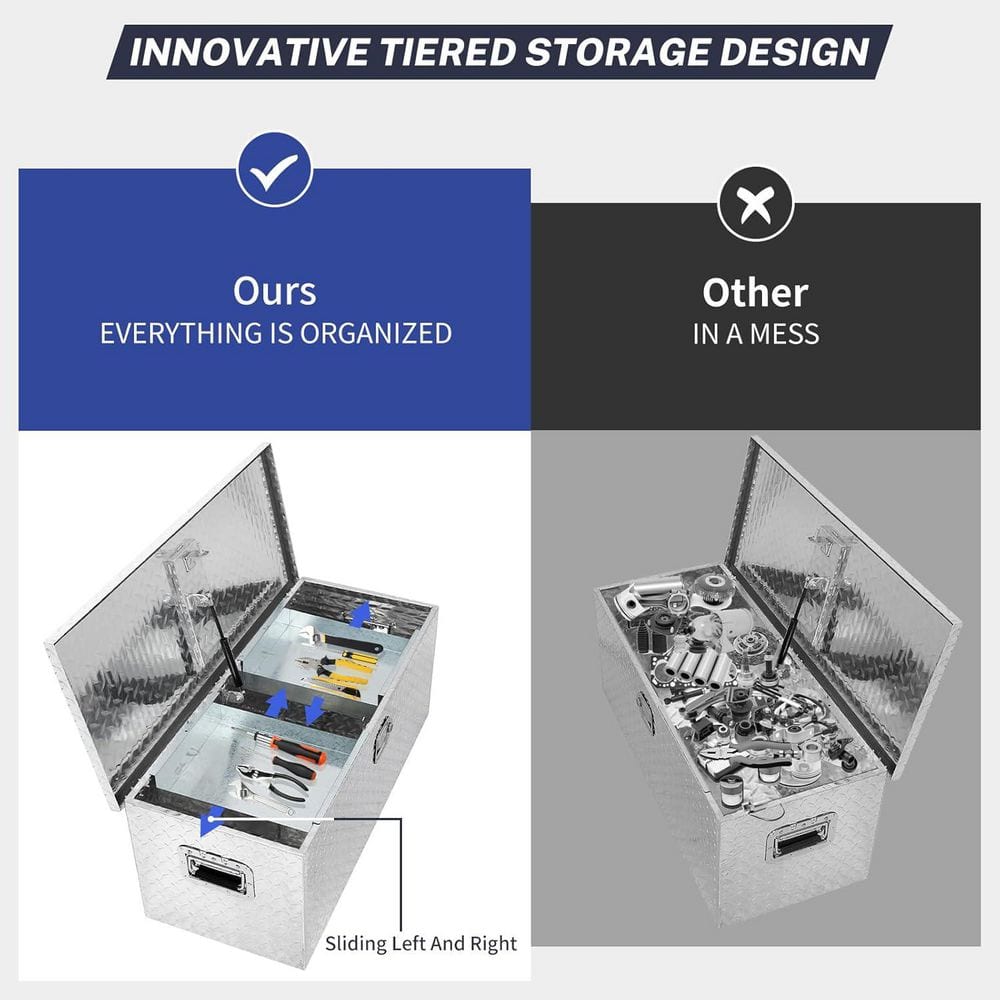 35.4 in. Silver Aluminum Truck Tool Box with Sliding Shelf, Side Handle and Lock Keys - Hercitys
