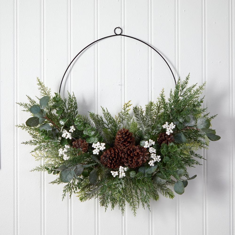 28 in. Unlit Christmas Pine, Eucalyptus and Berries Metal Circlet Artificial Wreath - Hercitys
