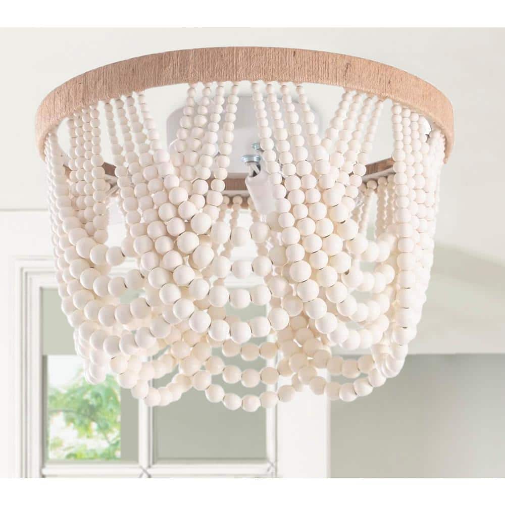 12.6 in. 3-Light Antique Rustic White Flush Mount Bohemia Wood Beaded Ceiling Light Mini Chandelier - Hercitys