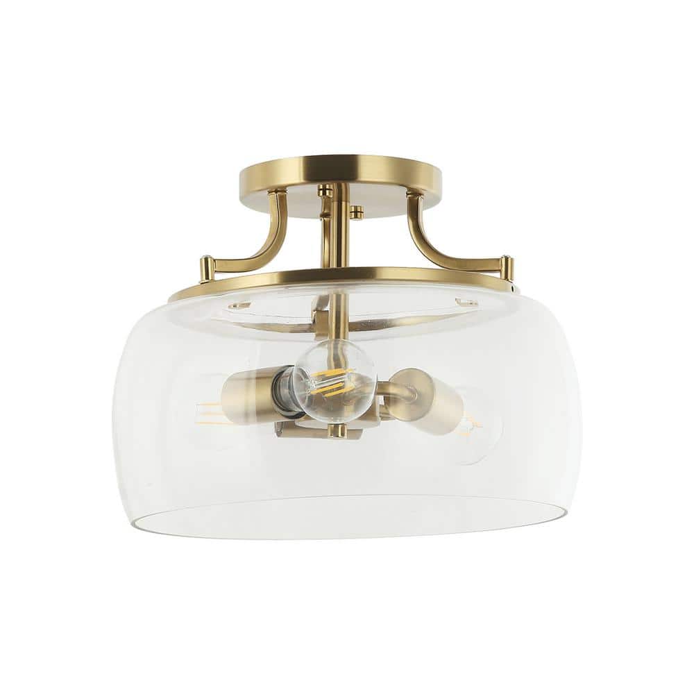 13 in. 3-Light Brass Gold Semi-Flush Mount Ceiling Light Fixture with Clear Glass Shade - Hercitys