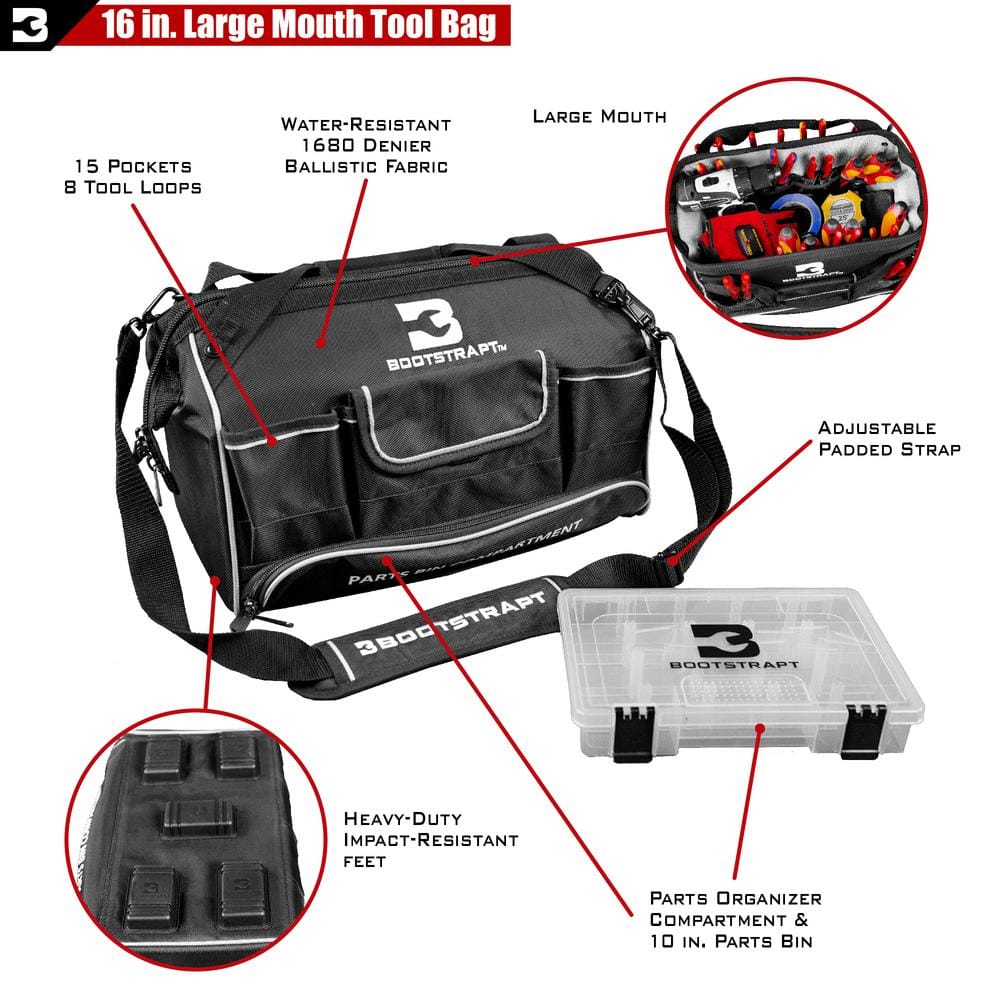 16 in. Large Mouth Tool Bag with Integrated Parts Bin Compartment - Hercitys