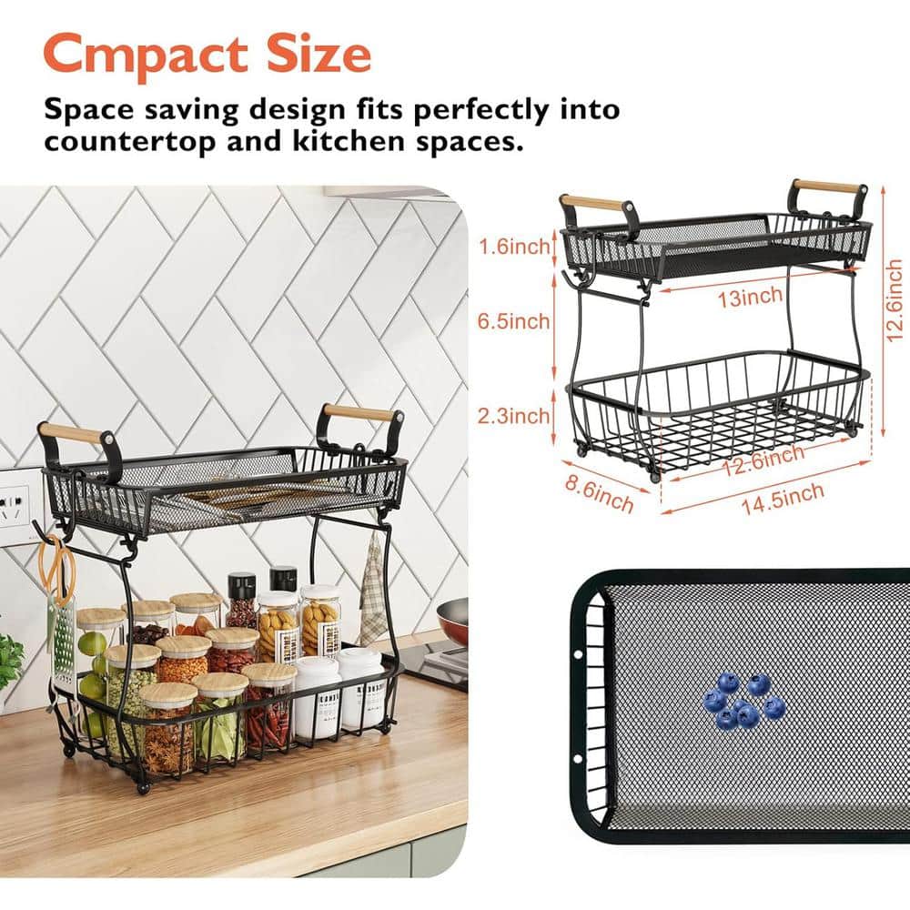 2 Tier Fruit Basket with 2 Banana Hangers for Kitchen Counter Metal Mesh Basket Fruits Stand in Black - Hercitys