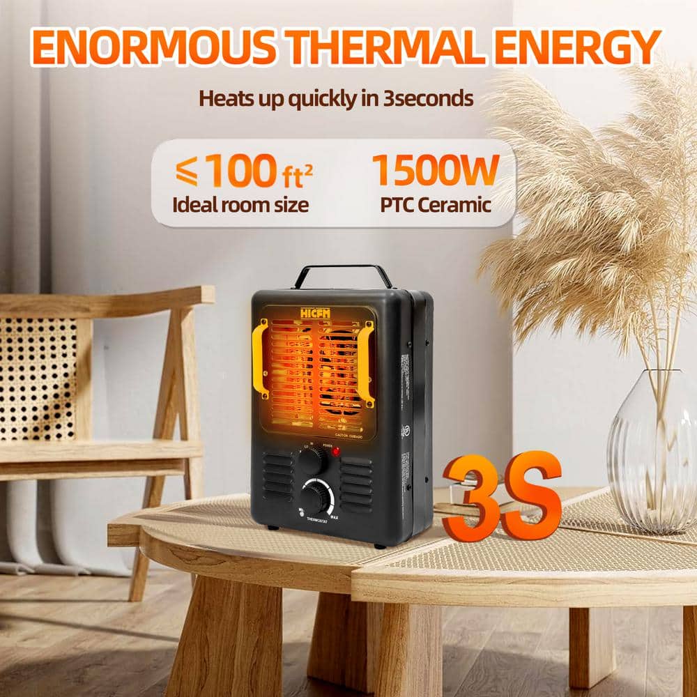 1500-Watt 15.5 in. Electric Convection Fan Space Heater with Thermostat, Stay Cool Durable Metal Housing, Black - Hercitys
