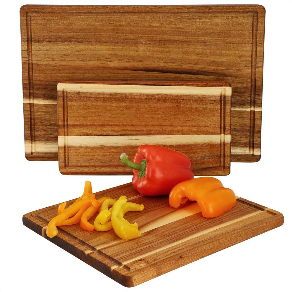 3 Piece 7 in., 10 in., and 17 in. Acacia Wood Cutting Board Set with Juice Grooves - Hercitys
