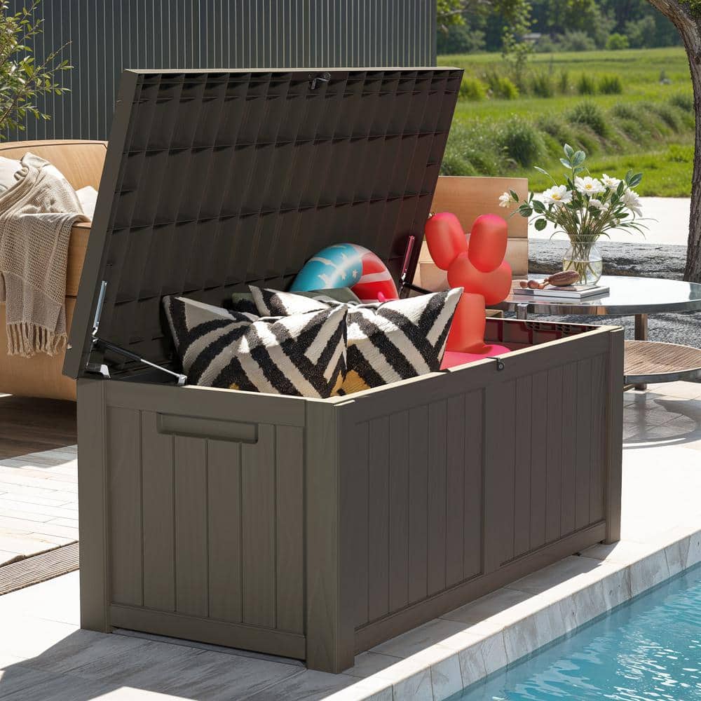120 Gal. Outdoor Patio Deck Box, Large Weatherproof Resin Storage Box, Light Brown - Hercitys