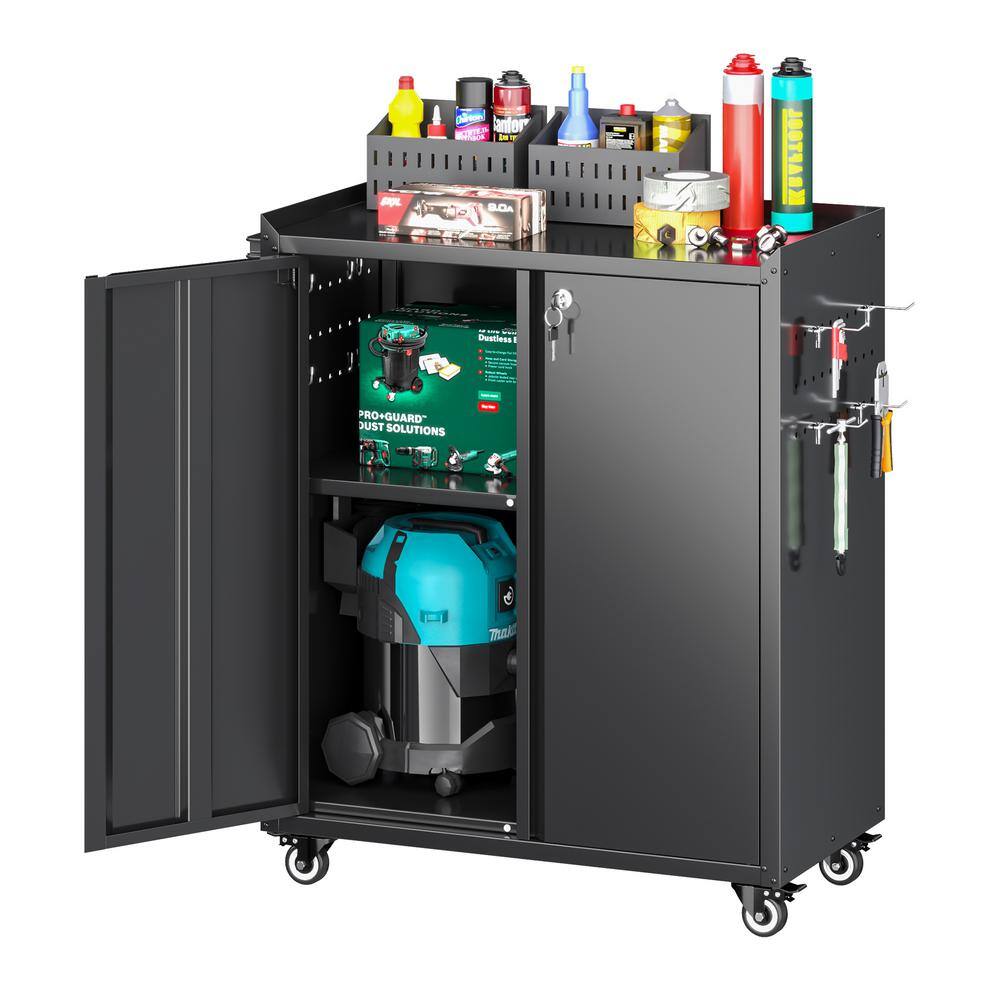 30 in. W x 35.5 in. H x 18 in. D Metal Freestanding Cabinet with Shelf, Pegboard, Side Push Handle in Black - Hercitys