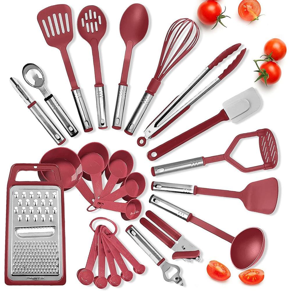 39-Piece Nonstick Black Steel Bakeware Set with Red Utensil and Silicone Handles - Hercitys