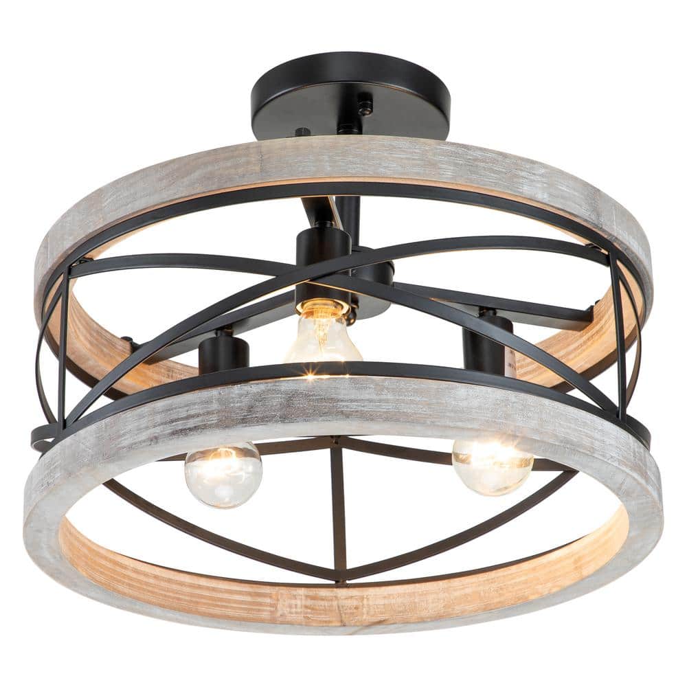 17.25 in. 3-Light Black Semi-Flush Mount with Wood Accent - Hercitys