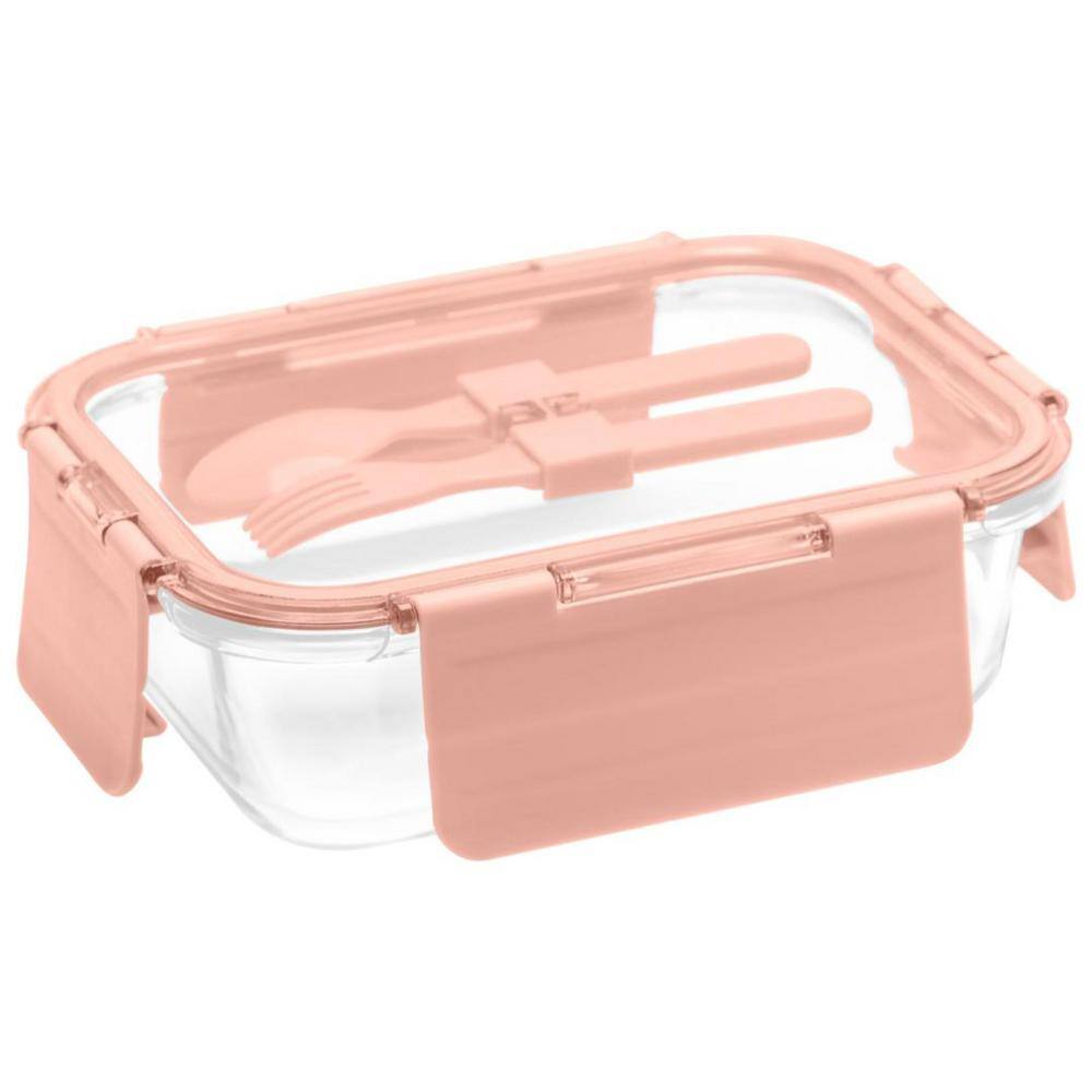58.5 oz. Premium 4-In-1 Double-Layer Glass Bento Lunch Box with Utensils in Pink (1-Pack) - Hercitys