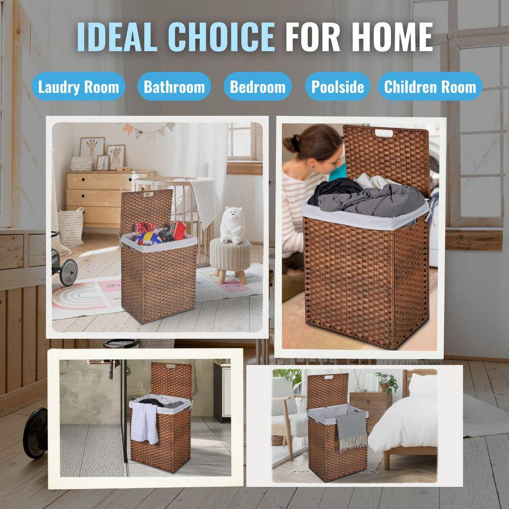 26.4 Gal. Laundry Hamper with Lid PE Rattan Powder Coating Frame Clothes Hampers with 2 Removable Bags, Brown Deck Box - Hercitys