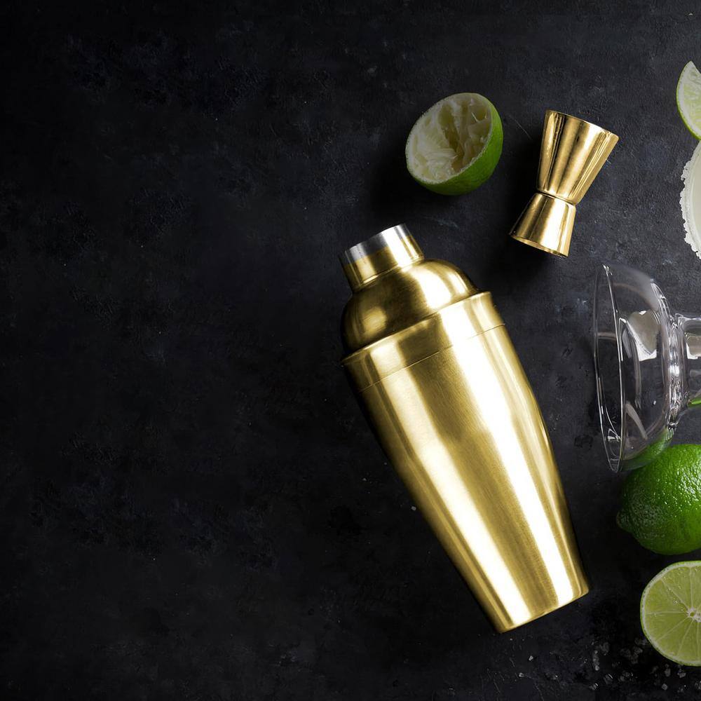 3 in 1 25 oz. Gold Stainless Steel 1-Piece Cocktail Shaker with Measuring Jigger and Mixing Spoon - Hercitys