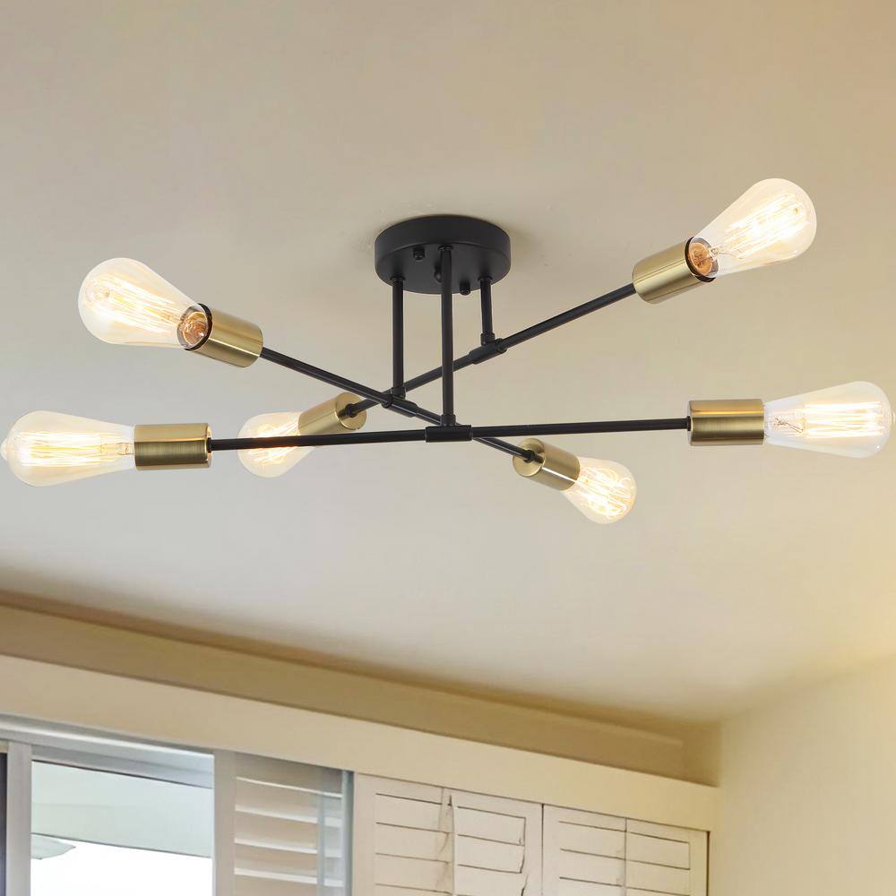 20.66 in. 6-Light Black and Brass Sputnik Modern Semi-Flush Mount Ceiling Light - Hercitys